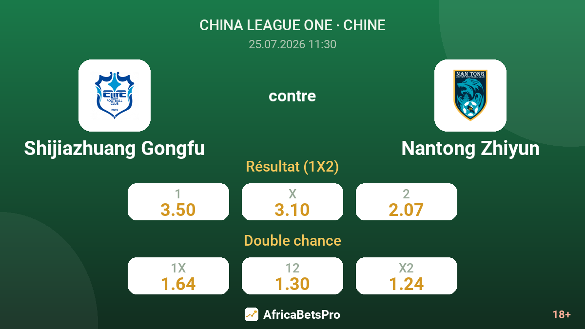 Shijiazhuang Gongfu contre Nantong Zhiyun — cotes