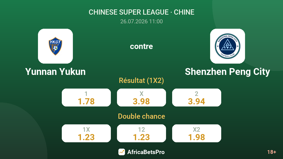 Yunnan Yukun contre Shenzhen Peng City — cotes